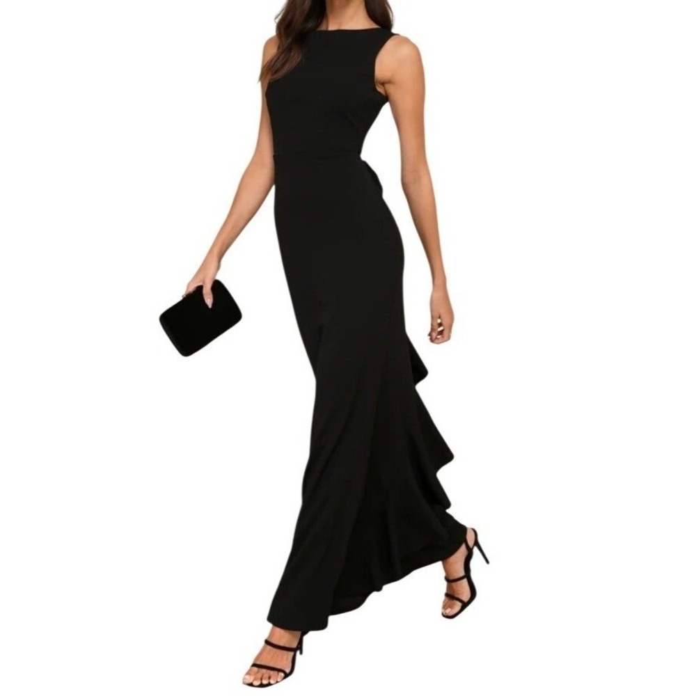 NWT Lulus Exquisite Refinement Black Backless Bow Ruffled Maxi Dress S Formal